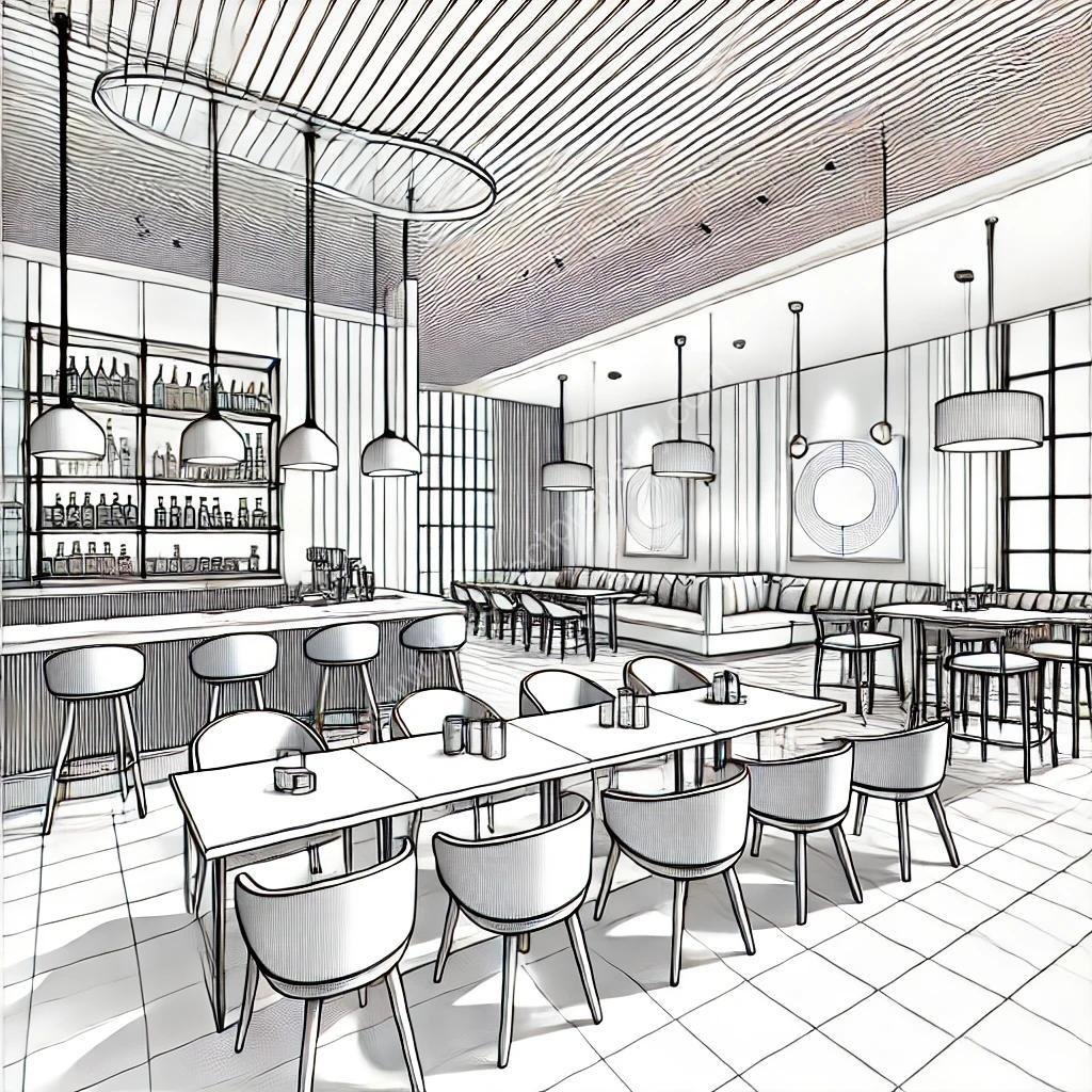 A_clean_and_minimalistic_line_drawing_of_a_modern_ Restaurant Space for rent in Kadavanthra Kochi