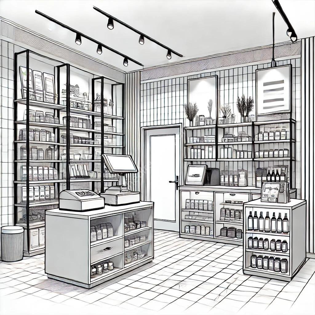 A_clean_and_minimalistic_line_drawing_of_a_modern_shop Shop for rent in Kundanoor Kochi