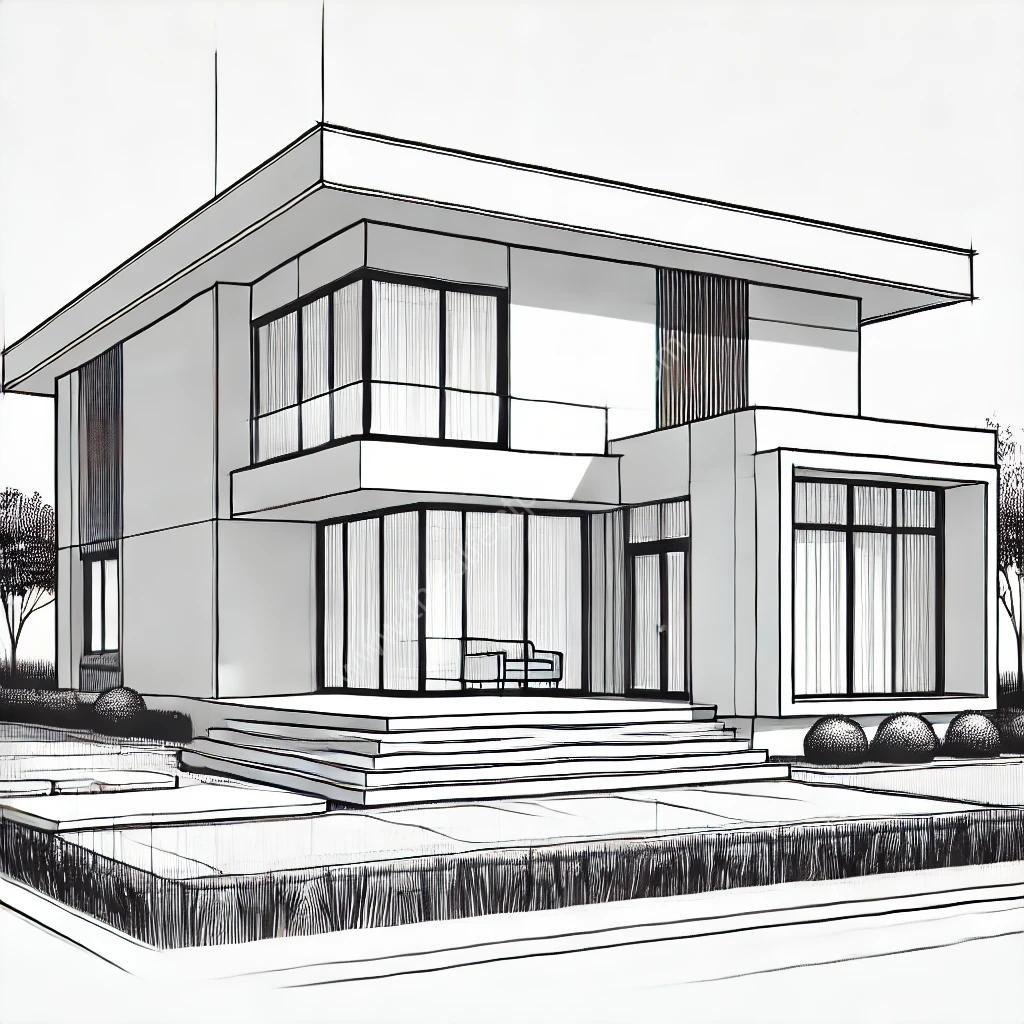Single_Story_Modern_Villa_Line_Drawing