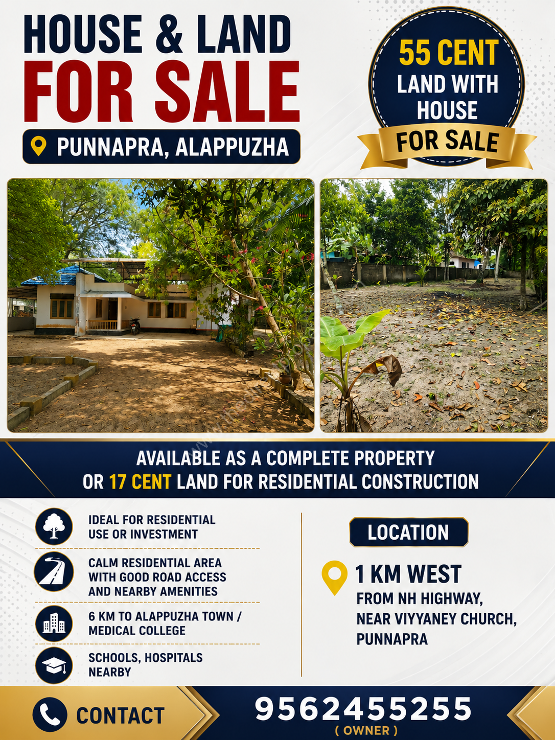 55 cent Land with house for sale [17 cent split] Punnapra, Alapluzha